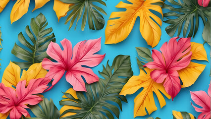 Naklejka premium Vibrant paper cut tropical leaves and flowers