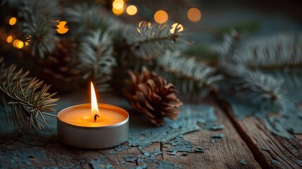 Rustic Christmas decor with burning candle and fir branches space for text