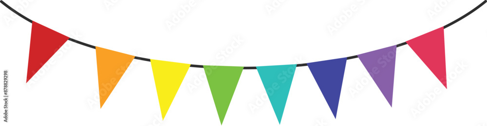 Poster string of colorful triangle flags is hanging in front of a white background