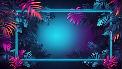 Neon framed tropical foliage on dark background