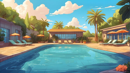 Luxurious backyard pool with palms and chairs