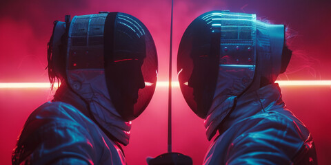 Two fencers in full gear face off against each other, illuminated by dramatic red and purple lighting, creating an intense atmosphere.