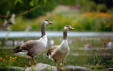 Fototapeta premium country geese on the lake