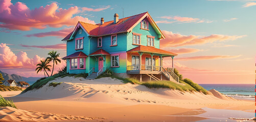 Obraz premium illustrative depiction of a lonely beach house on a hill by the sea with palm trees and sand in bright colors