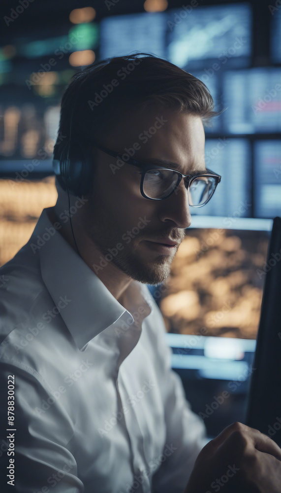 Poster a business professional analyzing data on multiple screens in a high-tech financial environment repr