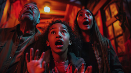  Family with children with scared and suspenseful expressions of terror on Halloween