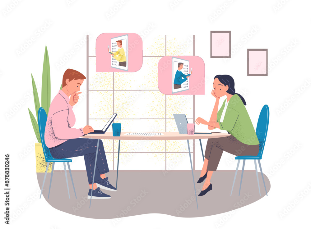 Poster online education and learning concept. man and woman watching tutorials. lecture and guidance. simpl