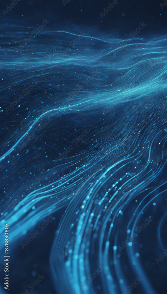Poster a digital landscape of flowing blue lines and dots simulates a dynamic data stream