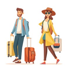 Charming travel tales: captivating cartoon illustrations depict tourists with suitcases as they embark on exciting vacations, experiencing new cultures, sights, and unforgettable moments