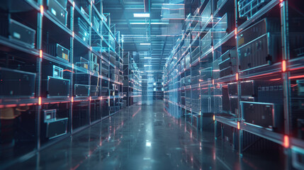 Futuristic Data Center with Neon Lights and High-Tech Servers in a Modern Industrial Setting