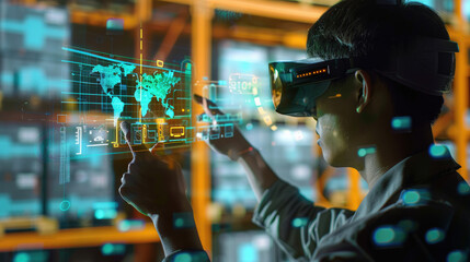 Man Using Virtual Reality Headset Interacting with Digital Interface in a High-Tech Warehouse Environment