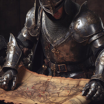 Cavaleiro medieval com armadura fazendo leitura de mapa