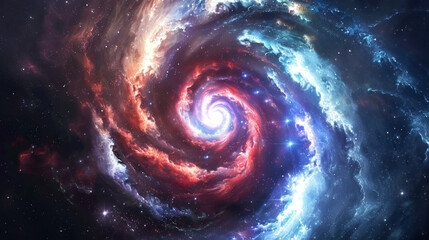 amazing spiral galaxy in deep space, nebula, stars, colorful, red and blue colors, nebular light reflection