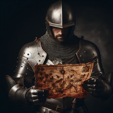 cavaleiro medieval lendo mapa antigo