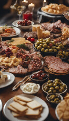 A table full of food including crackers olives cheese and meat The table is set for a party or gathe