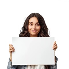 Fototapeta premium Young_woman_holding_a_blank_sign_with_space_for_copy_on_a_white_isolated_background