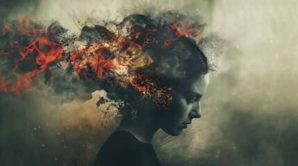 Conceptual monochrome portrait of a young woman with a mental disorder. Concept of mental health disorder