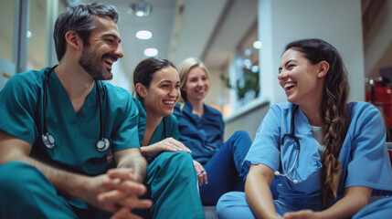 Group of healthcare professionals in scrubs laughing and relaxing, demonstrating camaraderie and teamwork in a hospital setting.