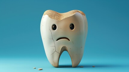 Cartoon sad broken sick tooth on blue background. Concept of dental treatment and care. Lack of hygiene and dental care
