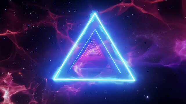 Luminous blue neon triangle hovers in vast cosmic expanse. Vibrant purple nebula swirls around geometric shape, creating ethereal gateway amidst starry backdrop.	
