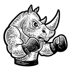 rhinoceros boxer sketch engraving PNG illustration. T-shirt apparel print design. Scratch board imitation. Black and white hand drawn image.