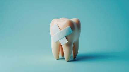 A tooth with a band-aid stuck on the enamel stands on a blue background. Concept of toothache and dental care