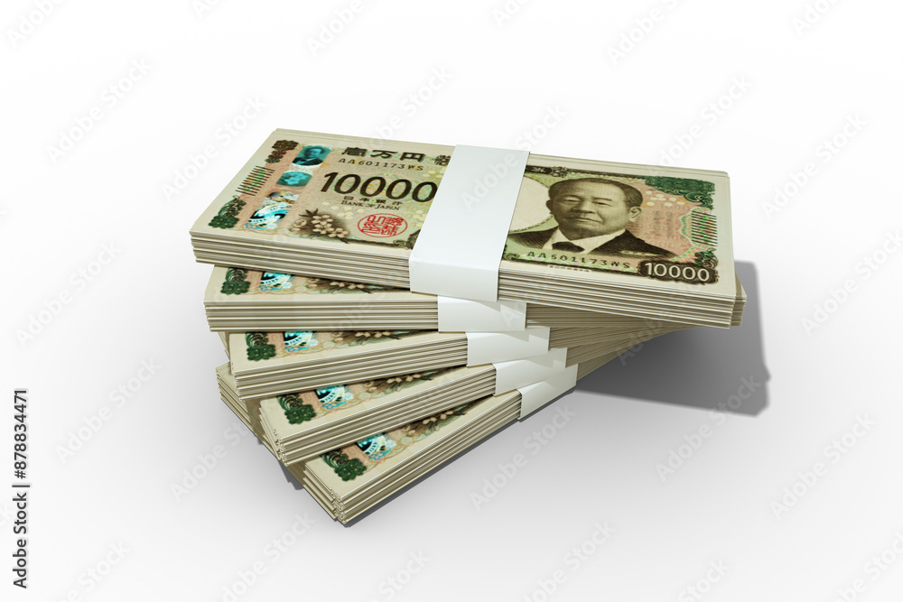 Poster 3d rendering of stacks of japanese yen notes. bundles of japan currency notes isolated on transparen