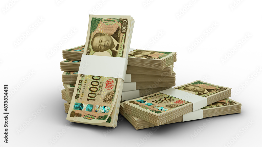 Poster 3d rendering of stacks of japanese yen notes. bundles of japan currency notes isolated on transparen