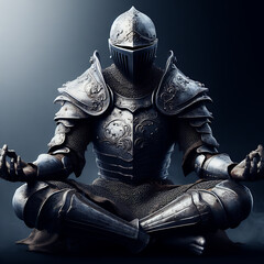 cavaleiro medieval com armadura sentado em posição de meditação