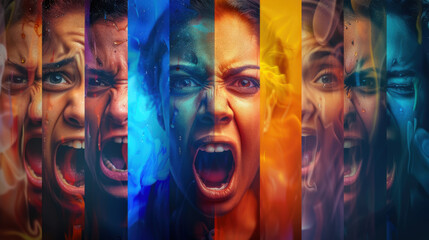 Obraz premium Collage of diverse emotional expressions in vivid colors, capturing intense feelings and dynamic visual effects.