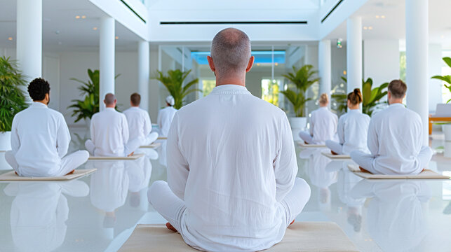 rear view of a group of individuals sitting in a circle, each deeply engrossed in a collective hypnosis session