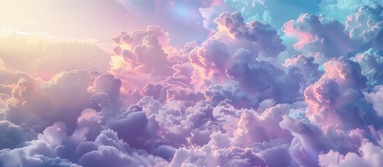 Dreamy pink and purple clouds in a serene sky, infinite fantasy world with pastel cloudscape