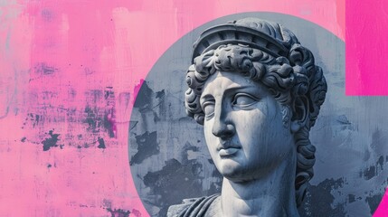 Surreal modern art with ancient statue head on colored backdrop Grey and bright pink collage mix Fashion design touch