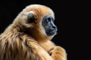 the beside view Eastern Hoolock Gibbon, left side view, isolated on black background