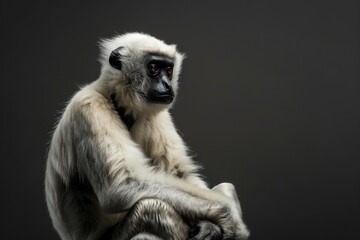 Obraz premium the beside view Lar Gibbon, left side view, isolated on black background