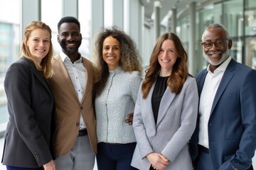 Obraz premium Diverse business team smiling together in modern office building