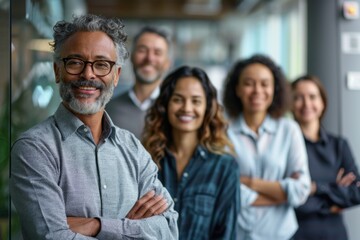 Diverse business team smiling with arms crossed in office