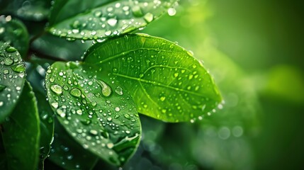 Raindrops on a leaf, glistening in the sun.