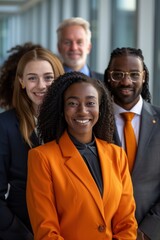 Diverse business team smiling together in modern office building