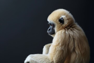 the beside view Northern White-cheeked Gibbon, left side view, isolated on black background