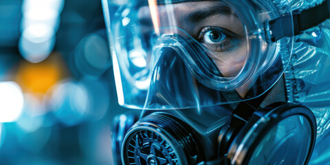 Focused worker wearing a full protective mask and suit in an industrial setting, ensuring safety and protection.