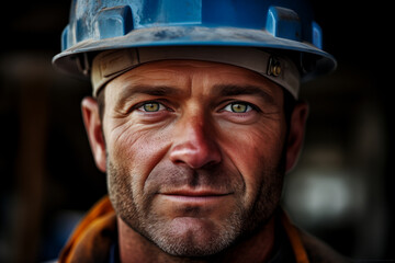 Fototapeta premium Close-up of a rugged, determined middle-aged male construction worker in a blue hard hat