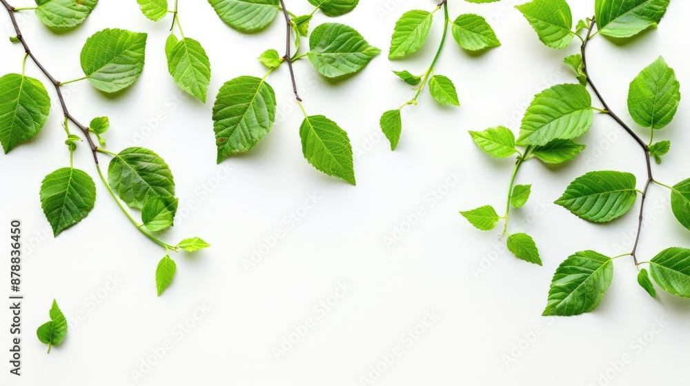 Poster branch and leaf banner on white background with space for text top view