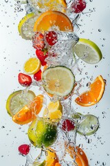 A variety of citrus fruits and berries suspended in mid-air with water droplets splashing around them. The image is colorful and refreshing, and it evokes a sense of summer.