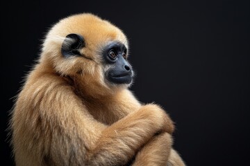 Obraz premium the beside view Southern Yellow-cheeked Gibbon, left side view, isolated on black background