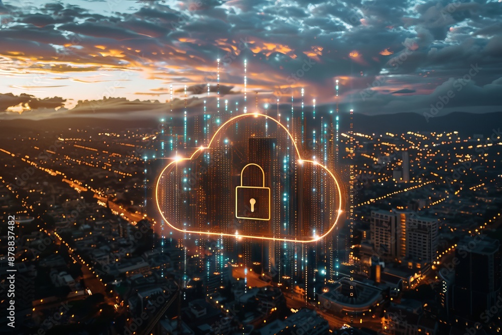 Poster futuristic cityscape with minimalist cloud and metallic lock icon symbolizing data security