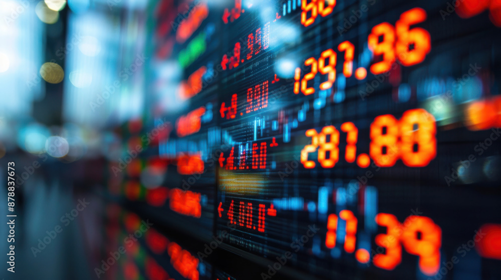 Poster close-up of stock market data on a digital display screen, showing various prices in red, indicating