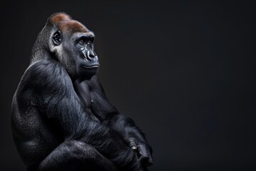 Fototapeta premium the beside view Western Lowland Gorilla, left side view, isolated on black background