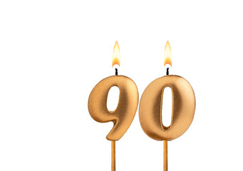 Golden candle number 90 - Birthday on white background