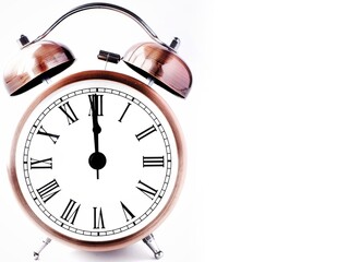 Minimalist vintage alarm clock isolated on a white background at 12am 12pm. Simple retro roman numeral clock at 12 o'clock and space for text